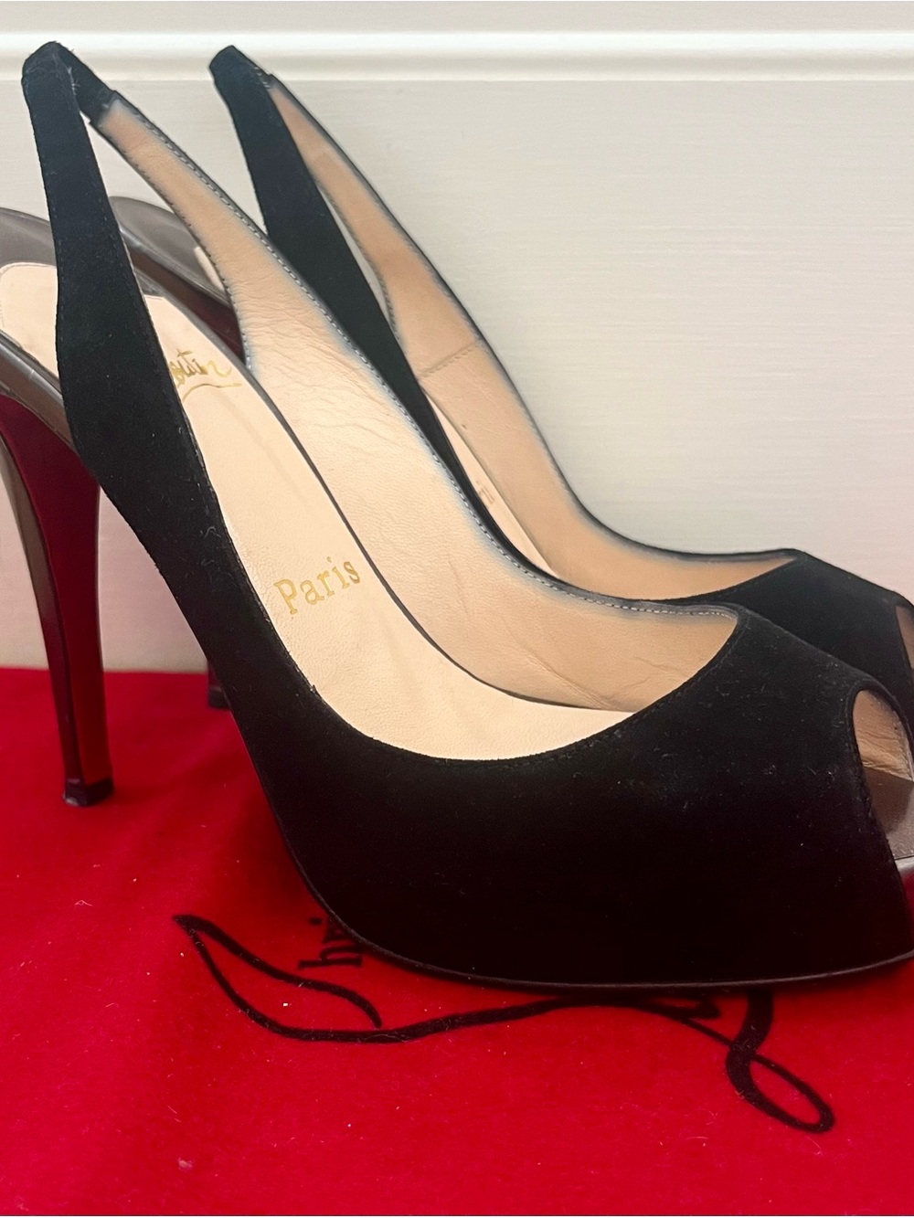 Christian Louboutin Black Suede Peep-Toe Slingback Heels Size US 7/EU 37